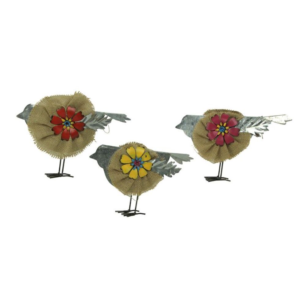 Metal and Burlap Rustic Flower Bird Sculptures Set of 3